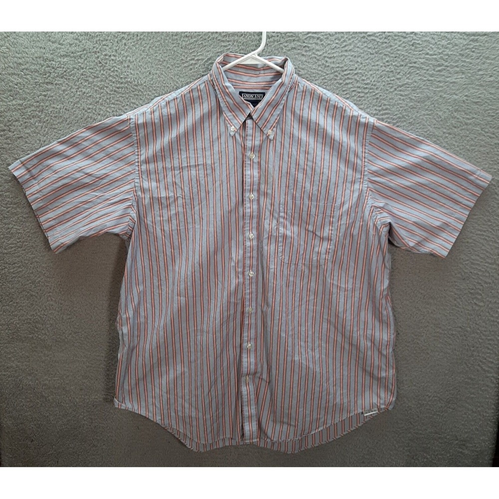 Lands End Shirt Womens 18 Blue White Orange Striped Short Sleeve Preppy Outdoors